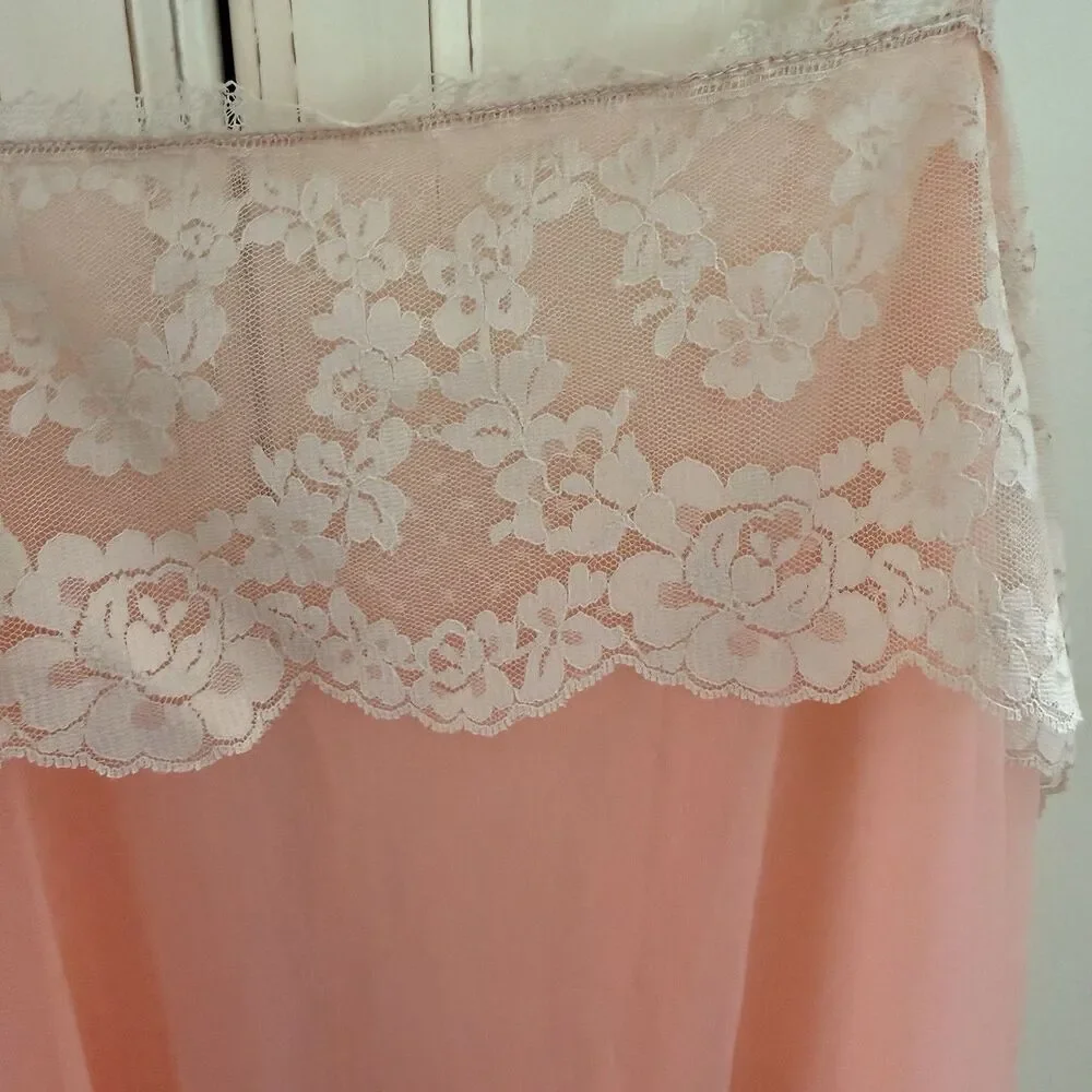 VTG Janelle Nightgown Pink/Coral Lace Bodice Floor Length Maxi Slip Dress